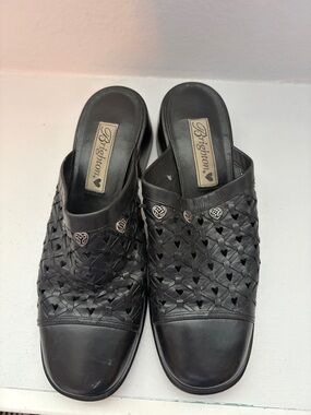 Brighton Black Woven Leather Heart-Accent Slip-On Mules